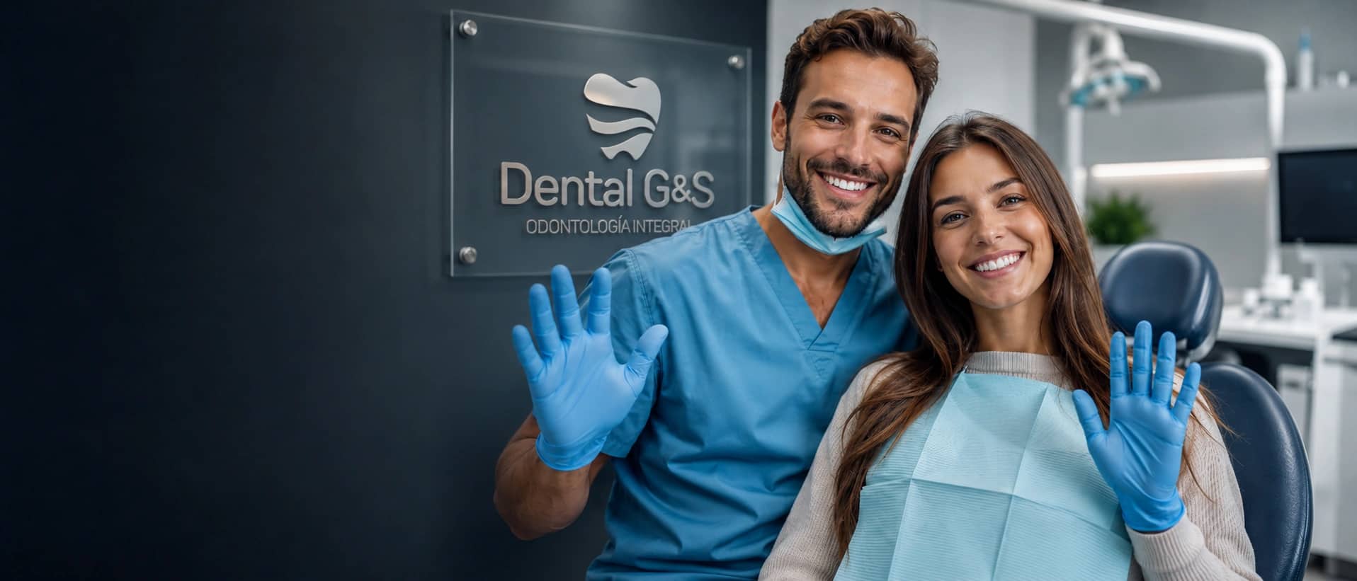 Dentista y paciente sonriendo en un consultorio de Clínica Dental G&S