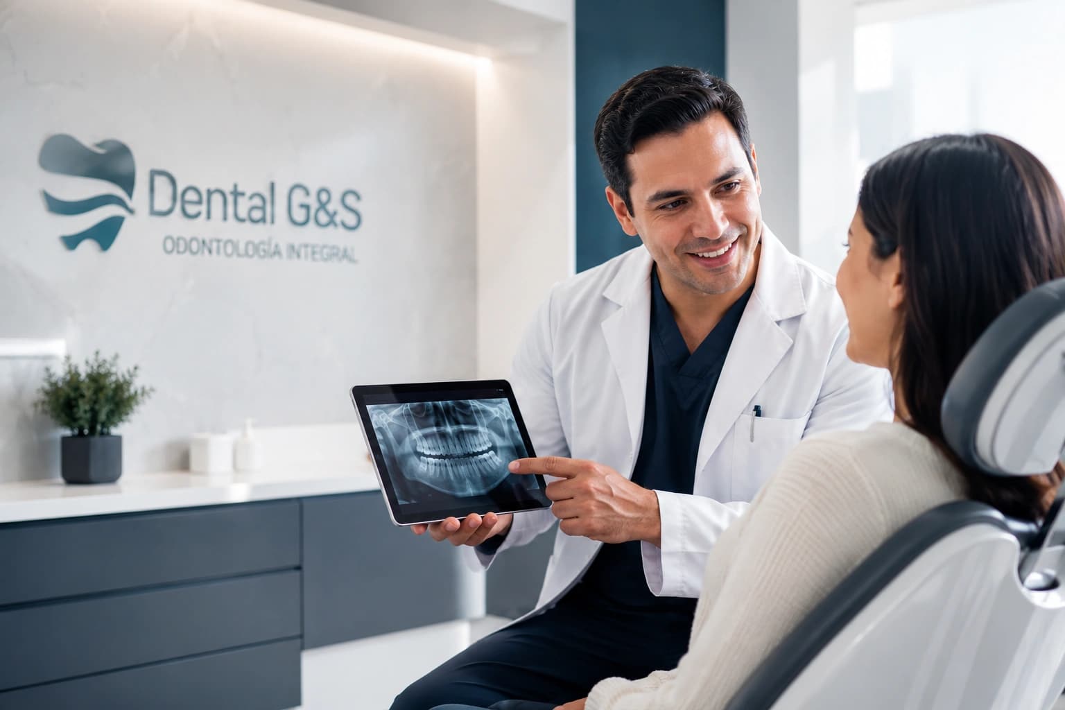 Dentista explicando una radiografía dental a una paciente