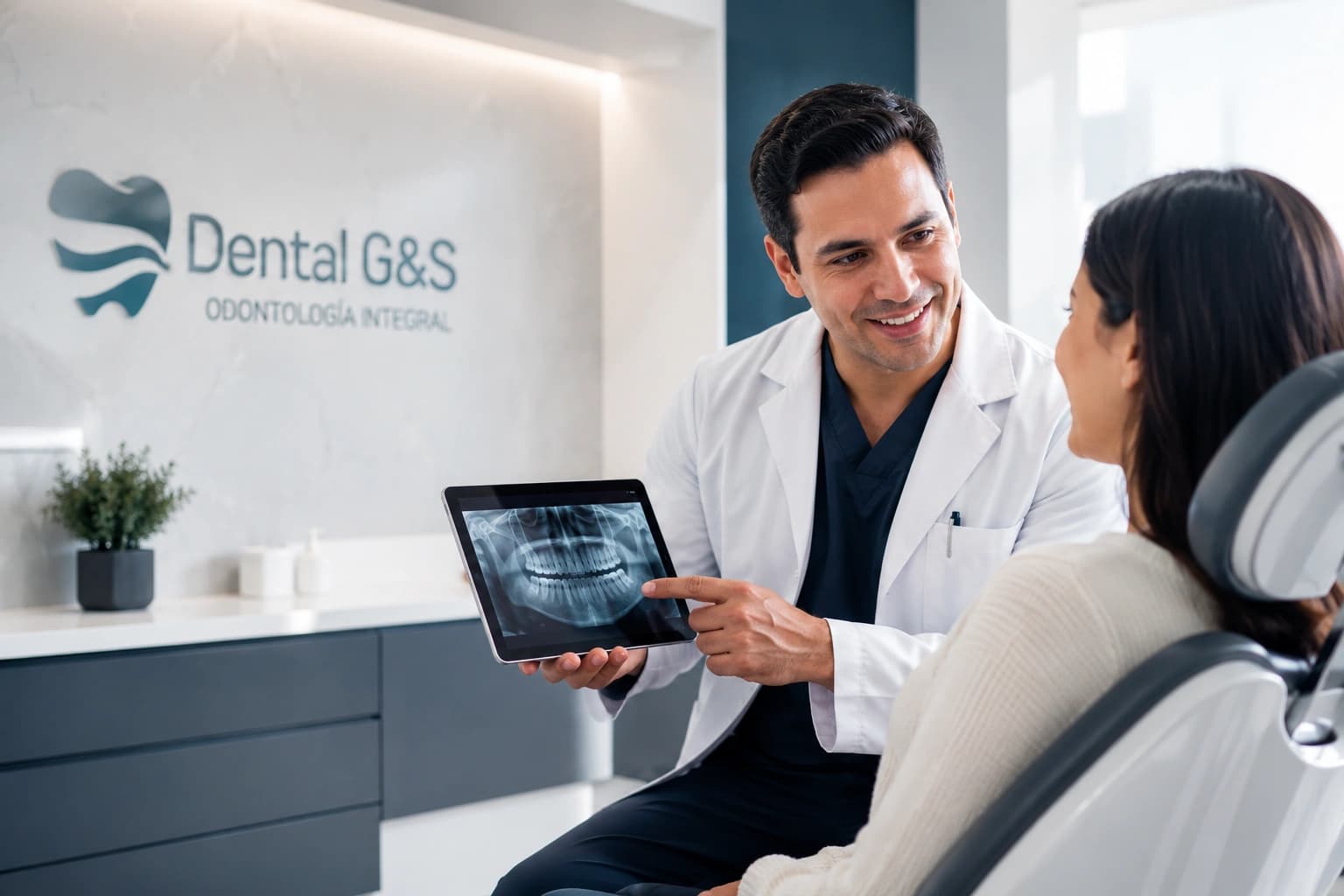 Dentista explicando una radiografía dental a una paciente