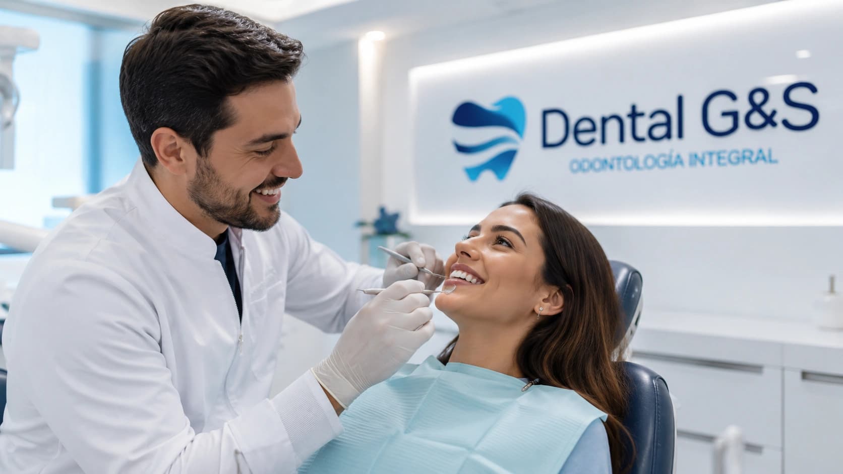 Dentista revisando a paciente para guía de urgencias dentales