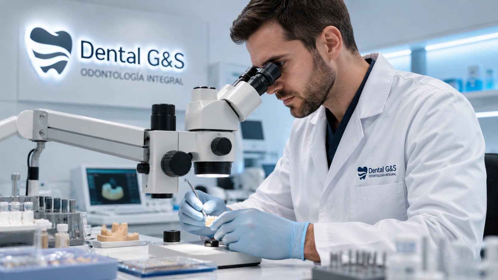 Especialista observando una muestra dental con microscopio