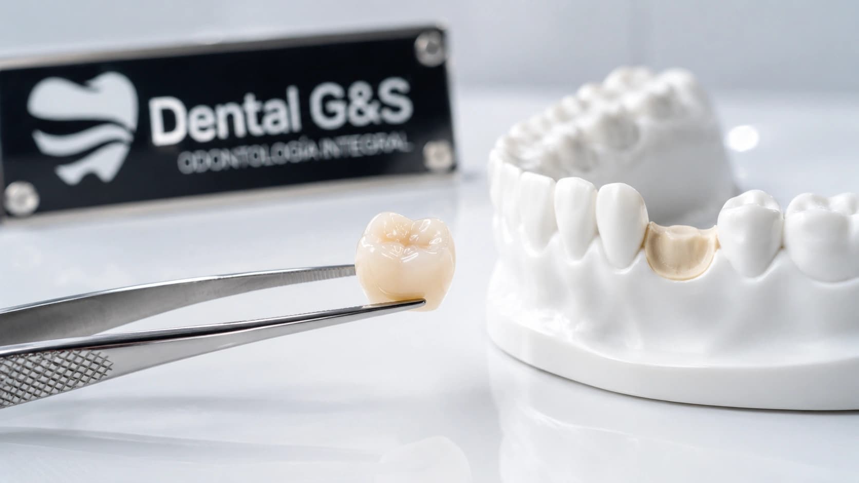 Corona dental junto a modelo de dientes en consultorio