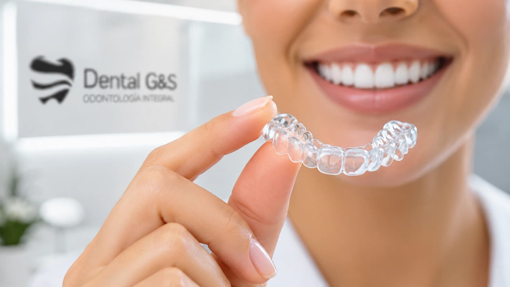 Paciente sosteniendo un alineador transparente frente a su sonrisa